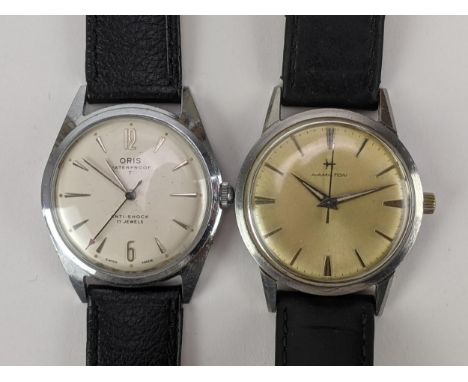 Two gents, manual wind, vintage, stainless steel wristwatches to include a Hamilton and an Oris, both having baton markers, c