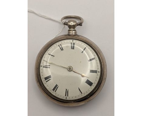 A William IV silver pair cased pocket watch, having a white enamel dial with gilt hands and Roman numerals, the movement havi