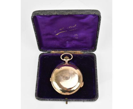 An early 20th century 14ct gold, full hunter, quarter repeater pocket watch, having a white enamel dial, with Louis XIV style