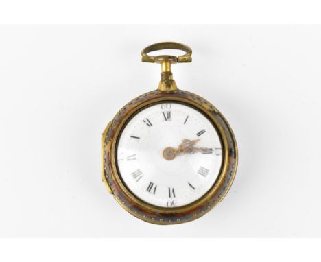 An 18th century tortoiseshell, pair cased pocket watch, having a white enamel dial with pierced gilt hands and Roman numerals