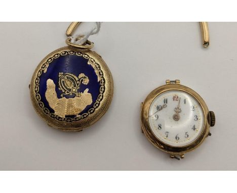 A late 19th/early 20th century ladies wristwatch stamped 14K A/F, having a white enamel dial with Arabic numerals, case back 