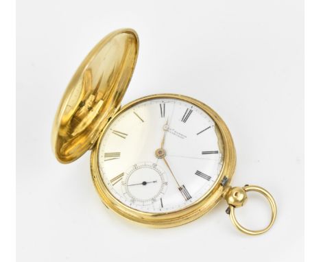 A late 19th century 18ct gold, full hunter pocket watch, having a white enamel dial signed Andrew Barrie Edinburgh, with gilt