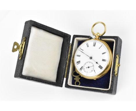 A 19th century 18ct gold, open faced pocket watch, having a white enamel dial, with blued hands, Roman numerals and subsidiar