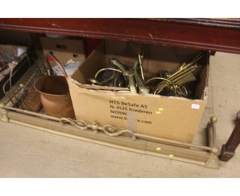 Brass fender, box of brass ware etc.