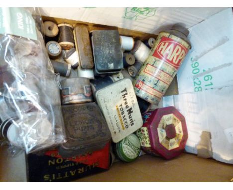 VINTAGE TINS. Box of vintage tins and cotton reels