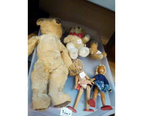 VINTAGE TEDDY BEARS. Three vintage teddy bears and two wooden ducks