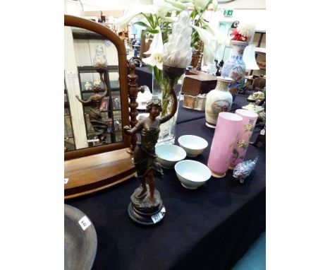 BRONZED SPELTER FIGURE TABLE LAMP. Tall bronzed figure table lamp with flame shade H: 50 cm