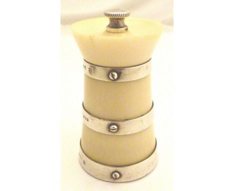 IVORY PEPPER GRINDER. Silver bound ivory pepper grinder
