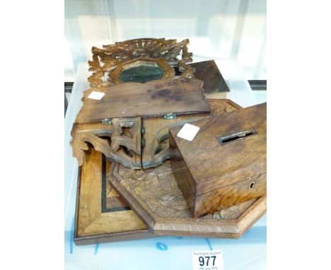 WOODEN CARVINGS. Tray of collectable wood including a hand carved black forest hallway mirror with drop down shelf and pierce