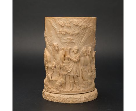 German Apollo Beaker, oval shape, with finely carved animals in landscape, in the center Apollo with the harp, on laurel leav