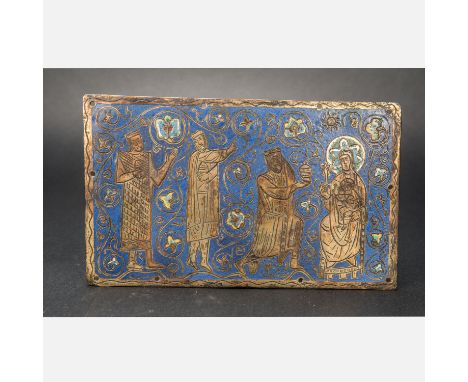 Limoges Enamel Plate. Rectangular form with Maria, the Infant and the three Kings. Engraved and decorated multicoloured ename