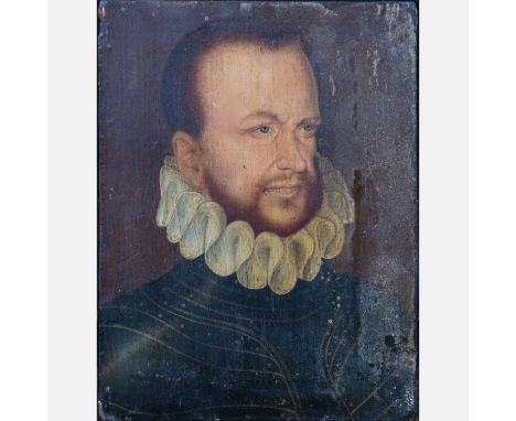 Francois Clouet (1510 – 1572) – School. Portrait of a noble man in armour with neck collar. Oil on oak panel. 20 x 16 cm.
