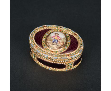 French Gold Snuff Box, oval form, with one lid, rich ornamental engravings with  enamel purple fields in the center with pain