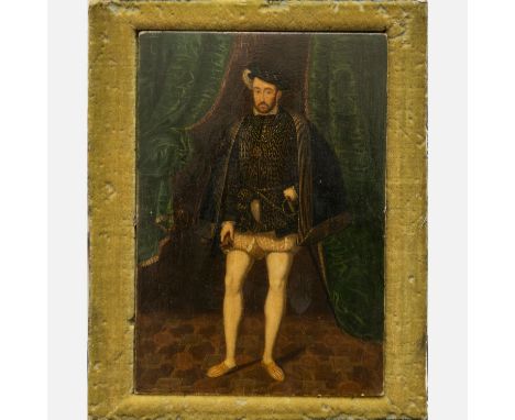 French Artist 16. Century, Portrait of Henry II ( 1519-1559) in front of green curtain. Oil on oak panel. On the reverse coat