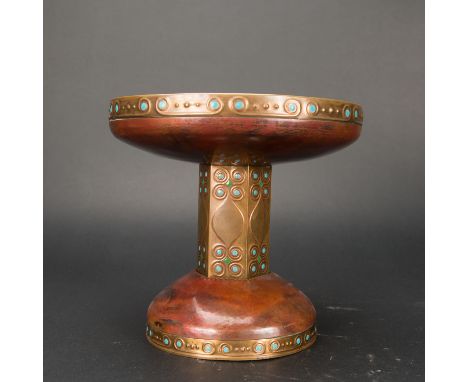 Art Nouveau Centrepiece, copper ware, richly chased and engraved, decorated with blue enamel, on the underside marked, probab