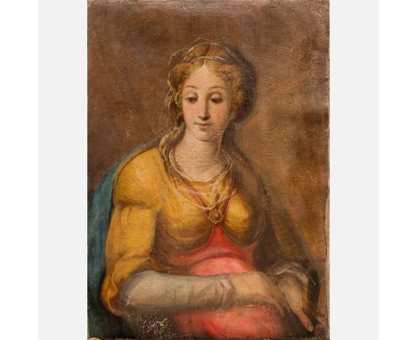 Central Italian around 1600, Portrait of a elegant lady, oil on canvas, damages. 83X59 cm 