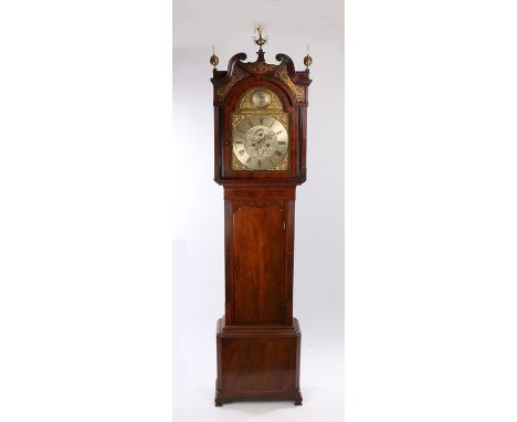 19th Century mahogany longcase clock, the swan neck pediment with brass finials above a gilt foliate swag decorated frieze an