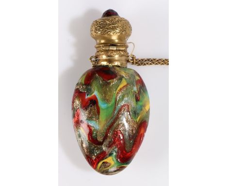 Italian glass and gilt metal scent bottle, having ruby glass and gilt metal hinged top and oval shaped art glass body (AF), 7