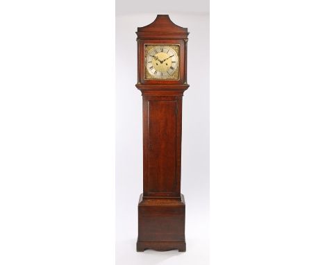 George III oak longcase clock, Edward Burroughs Fordham, the arched pediment above a glazed door flanked by columns above the