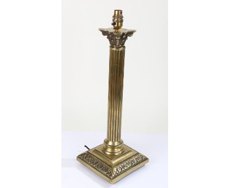 20th Century brass corinthian column table lamp, raised on square base, 46cm tall excluding fitting