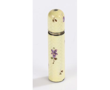 Sterling silver and enamel scent bottle, of cylindrical form, the screw top enclosing and ivorine interior, the body decorate