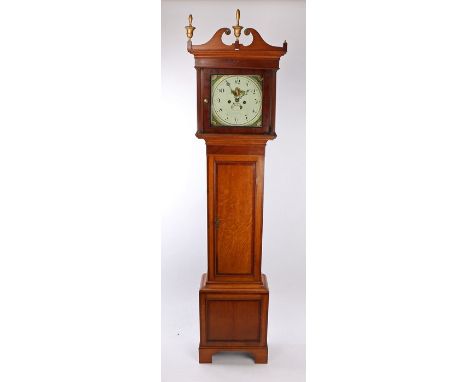 19th Century oak longcase clock, the swan neck pediment above the square glazed hood flanked by fluted columns above a long t