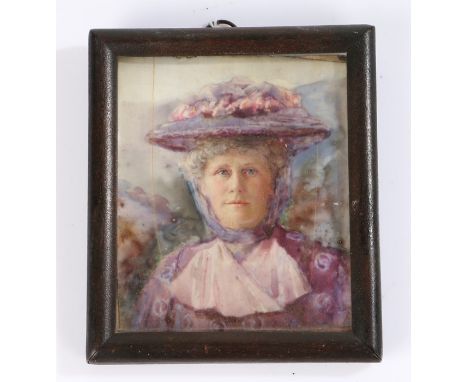 Late19th/Early 20th Century hand painted portrait miniature on ivory, depicting a lady wearing a purple dress and hat, in an 