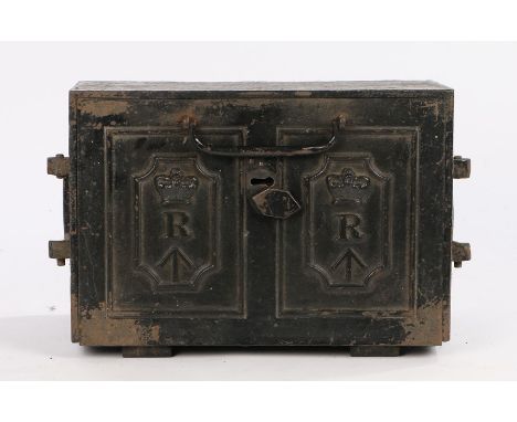 Early 19th century black painted cast iron Revenue military strong box, with Queen's crown mark, letter R &amp; military broa