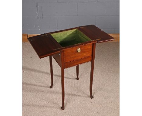 20th Century mahogany work table, having two part hinged lid enclosing a green fabric lined interior, fitted with single draw