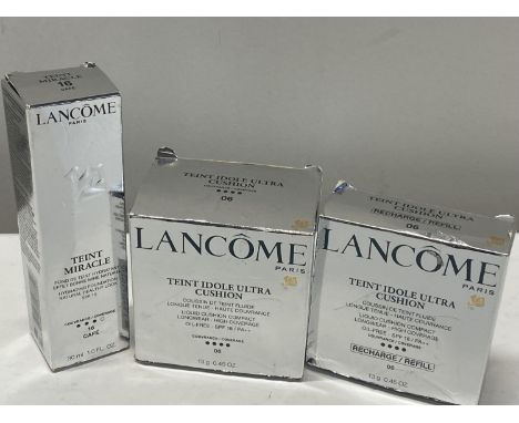 A Lancome Miracle Hydrating Foundation and two Lancome Longwear Ultra Liquid Cushion Compact refill (assorted colours) 