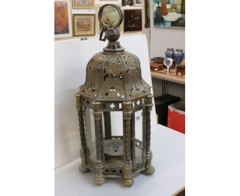 Persian / Indian Brass Hanging Eight Sided Lantern (three panels of glass missing), 82cm high 