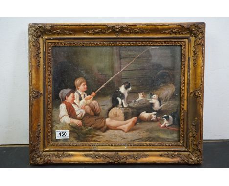 Oil on panel, a portrait of farm boys, in a barn, playing with cat and kittens 