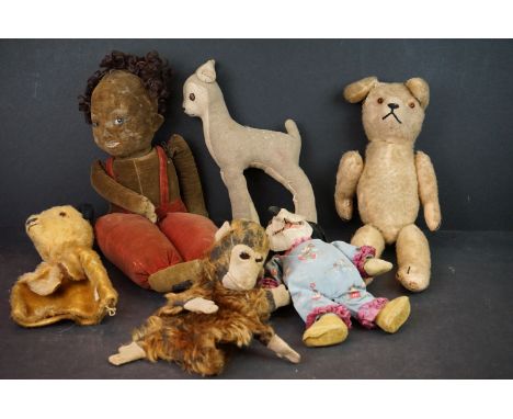 Six Vintage Soft Toys including Mickey Mouse, Norah Wellings Doll, Straw Filled Teddy, Sooty Puppet, etc 