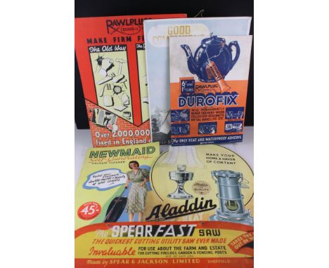 Six Mid century Cardboard Shop Advertising Signs including Spearfast Saw, Durofix, Aladdin Light Heatjn, Newmaid Vacuum Clean