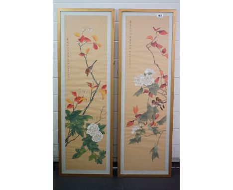 Pair of large Chinese watercolour scroll paintings of songbirds on blossom sprigs, signed 
