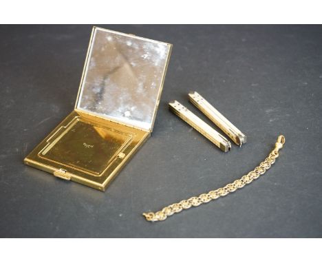A bone folding ruler together with a ladies compact and a gold plated bracelet. 