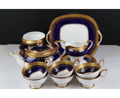 Aynsley ' Georgian Cobalt ' Tea Service pattern no. 7348 comprising Teapot, Milk, Sugar, Sandwich Plate, 6 Tea Cups, 6 Saucer