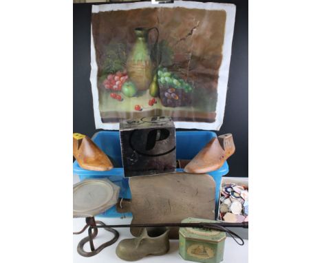 Mixed lot including Rustic Pine Chopping Board, Pair of Grenson Wooden Shoe Shapers, Indian Brass Snake Plate, Polaroid Insta