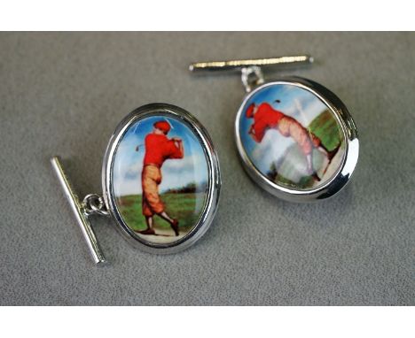 Pair of silver and enamel golfing style cufflinks 