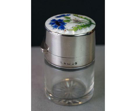 Silver topped scent bottle with enamelled flower design lid 