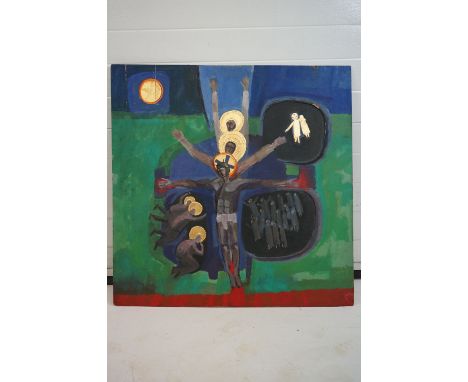 Philip Smith MBE ARCA (1928 - 2018), Acrylic and Gold Leaf Relief Painting on Board titled ' Crucifixion ', circa 1970's, uns