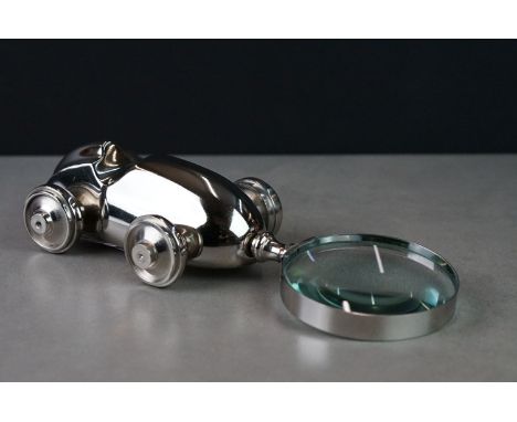 Substantial silver plated magnifying glass in the form of a vintage car 