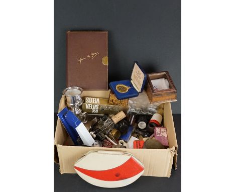 A box of mixed collectables to include snuff box, medallions, pin cushion, thimbles ... etc. 