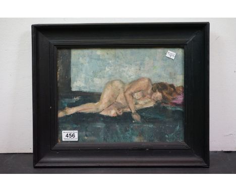 Vintage oil painting on board of a reclining nude, unsigned, 30cm x 23cm, framed and glazed 