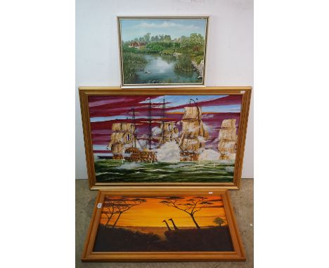 Three Oil Paintings including 'Northern Light of Boston' , 91cm x 60cm, 'Battle of the Nile' and an English Country Landscape