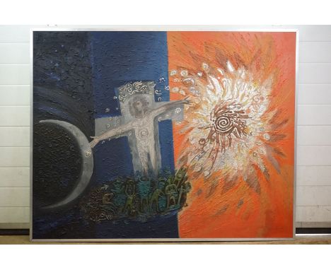 Philip Smith MBE ARCA (1928 - 2018), Large Acrylic and Gold Leaf Relief Painting on Board titled ' Between the Sun and the Mo