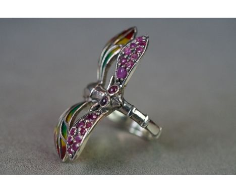 Silver and plique-a-jour butterfly ring 