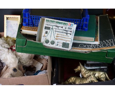 A large group of mixed collectables contained within three boxes to include Brass Dogs, books and vintage teddy bears. 