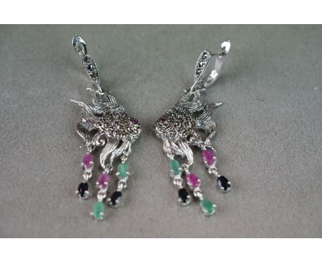 Pair of silver angel fish earrings with ruby, sapphire &amp; emerald drops 