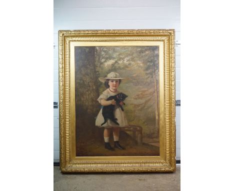 Alfred Corbould (act. 1831 - 1875) Large Oil Painting on Canvas Full Length Portrait of Lucy Wickham holding a Black Cat in a